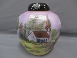 Fenton Art Glass Hand painted ginger jar w/ church