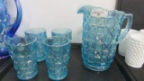 Contemporary Carnival Glass Ice blue Checkerboard 5pc water set