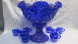 Contemporary Carnival  glass blue  Button & Hobstar 10 pc. punch set. Just