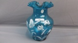 Fenton Art Glass 100 yr. hand painted vase w/butterflies