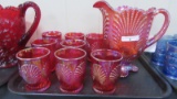 Contemporary Carnival Glass 9pc red Beaded Shell water set