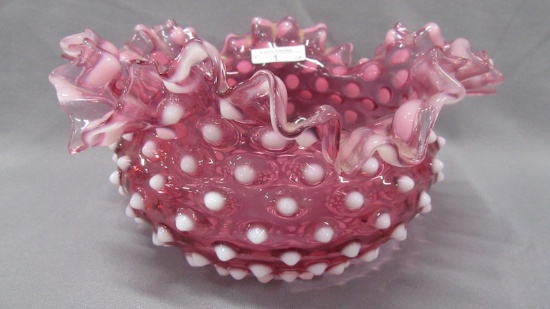 Hobbs cranberry opal 9 x 5" large hobnail  brides bowl. couple small flakes