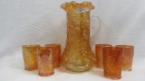 Fenton Carnival Glass marigold 10 Mums 7pc water set.