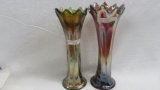 Fenton Carnival Glass purple and green Long Thumbprint vases