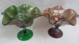 Fenton Carnival Glass 2 compotes; Green Blackberry & purple Wreath Roses