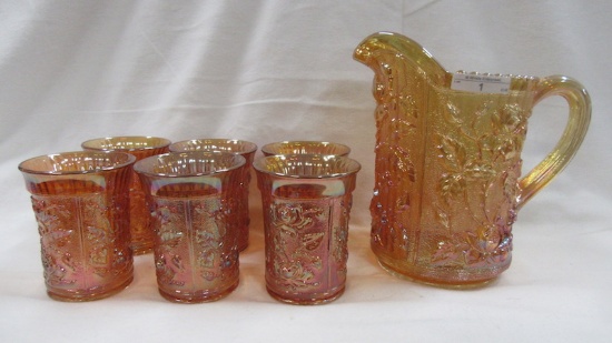 Contemporary Carnival Glass IG 7 pc Open Rose water set in marigold