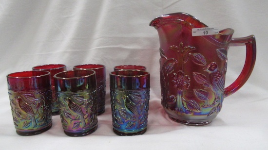 Contemporary Carnival Glass Red Robins 7pc water set
