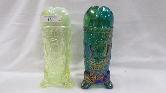 Contemporary Carnival Glass Vaseline opal and Emerald Good Luck hatpin hold