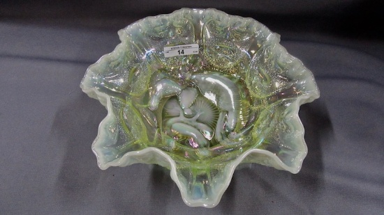 Contemporary Carnival Glass Vaseline opal Farmyard bowl