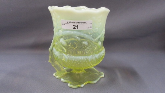 Contemporary Carnival Glass VAseline opal Acorn Spooner