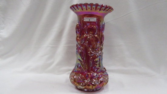 Contemporary Carnival Glass RED Heavy Iris CRE vase