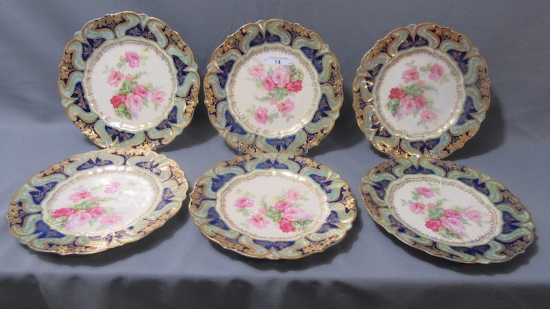 Stunning set of 6 8" cobalt trimmed floral plates UM RS Prussia