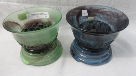 Blue Slag and Green Slag Vases w/ Frogger and base