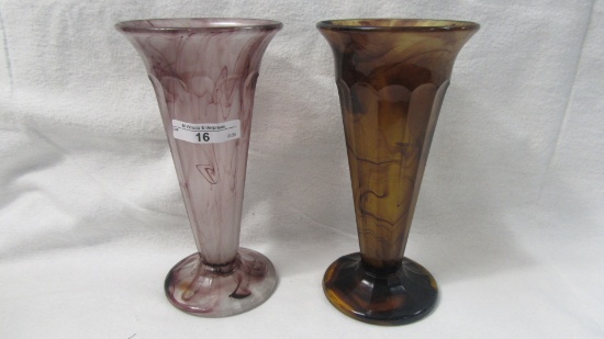 2 Davidson Purple and Amber Cloud Trumpet Vases