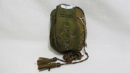 BEaded leather purse w/ draw string CA. 1900