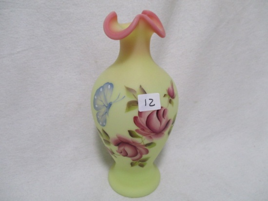 Fenton burmese 7" vase HP w/ butterflies