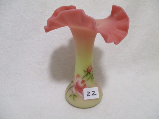 Fenton burmese HP 6" vase w/ roses