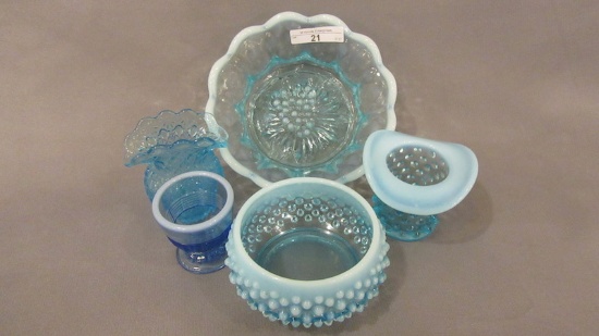5 pcs. blue opal pattern glass incl: Heavy Grape bowl