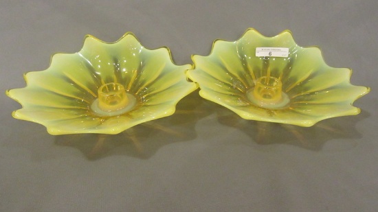 Fostoria Heirloom vaseline opal candleholders