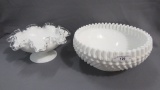 Fenton milk glass hobnail CRE bowl and Silvercrest compote