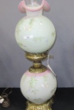 Fenton Lotus Mist decorated GWTW lamp. Original Box is available