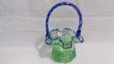 Fenton irid vaseline basket w/ cobalt handle