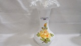 Fenton decorated silvercrest vase w/ yellow rose Attrib L Piper
