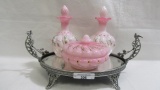 Fenton decorated rosalene dresser set on mirror tray