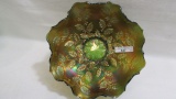 Vintage carnival Glass green Holly ruffled bowl
