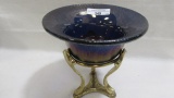 Vintage carnival Glass blue stretch glass bowl on base