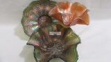 3 PEacock tail carnival glass items as shown