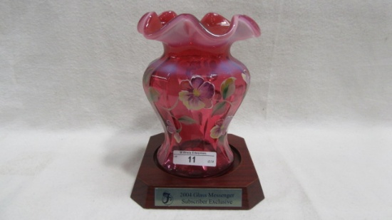 Fenton cranberry opal decorated 6" vase on base