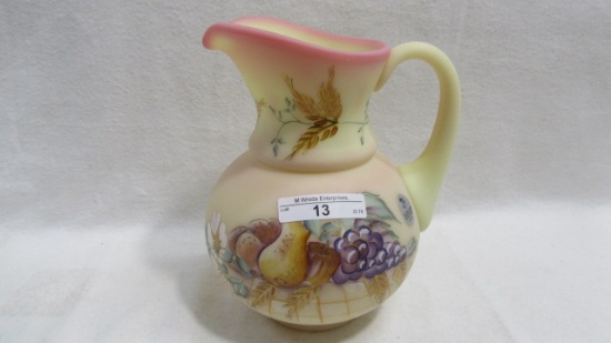 Fenton 7" decorated burmese pitcher w fruit