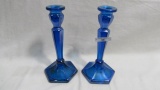 Pair blue stretch glas candlesticks