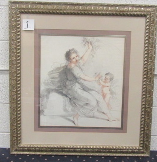 "Pencil Drawing depicting Lady w/ Cherub 35x37"" framed Circa mid 1900's