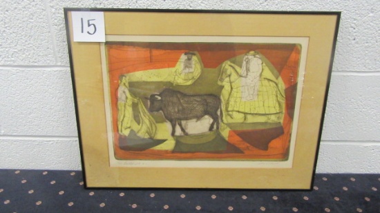 Spanish bull fight woodblock, signed Amen 24 x 18 framed