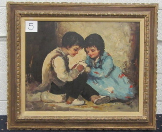 Oil on Canvas 36 x 30" framed Children writing notes signed Anoush