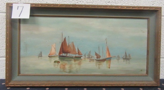 Framed Oil on Canvas of Harbor scene 26 x14" framed. Circa 1920's
