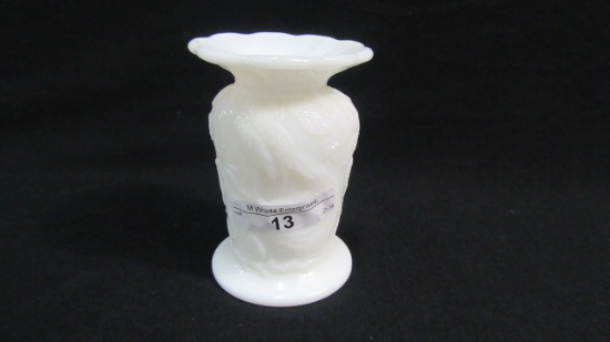 Fenton Peacock Garden Vase 1933 4" milk glass Spittoon shape top ( pinched)