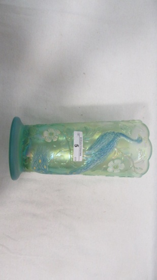 Fenton Peacock Garden Vase 2000 8" Willow Green Opalescent Iridized Decorat