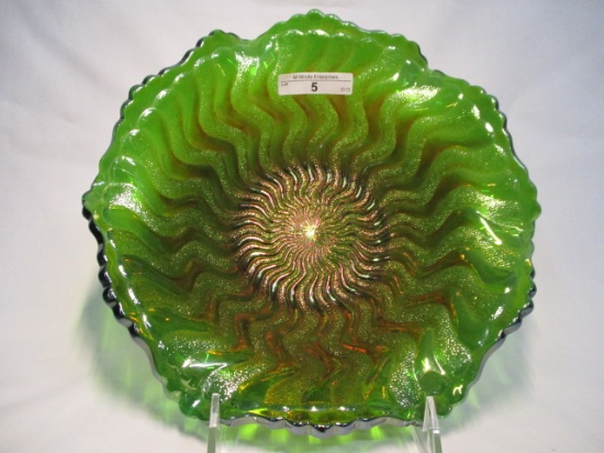 Millersburg 9" green Zig Zag bowl- chip on base