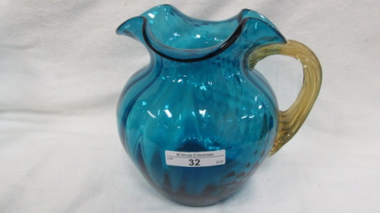 Victorian 8" Blue Ribbed Water Pitcher with Amber Handled