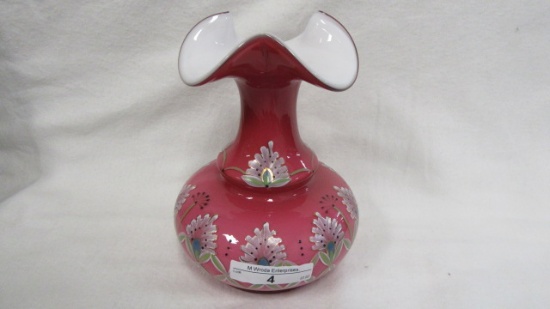 Fenton 6" HP Cranberry Cased Vase Designed by Martha Reynolds HP by Brighth