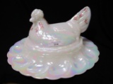 Fenton Irid. HP Milk Glass Hen on nest Egg Server