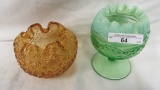 Fenton Amber Daisy and Button Rosebowl and Green Opal Beaded Scales Rosebow