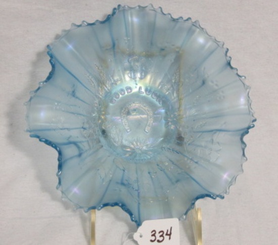 Nwood 9" Ice Blue Good Luck ruffled bowl. Heres a beauty!