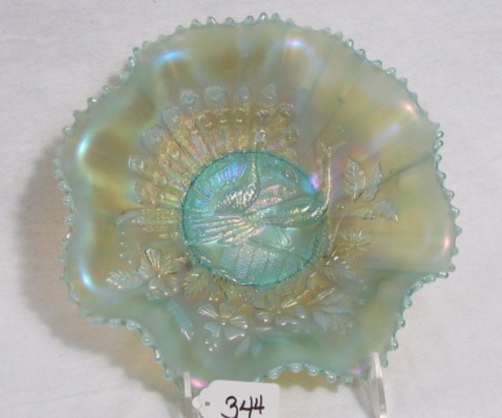 Nwood 8.5" Aqua opal Peacocks ruffled bowl Loaded w opal