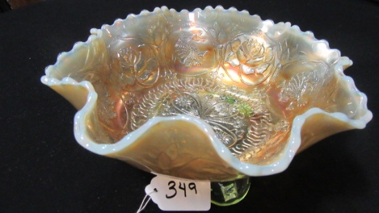 Fenton 8" vaseline opal Dragon & Lotus ft'd bowl RARE