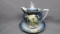 RS Prussia cobalt syrup pitcher & underplate w/Easter Lily decor