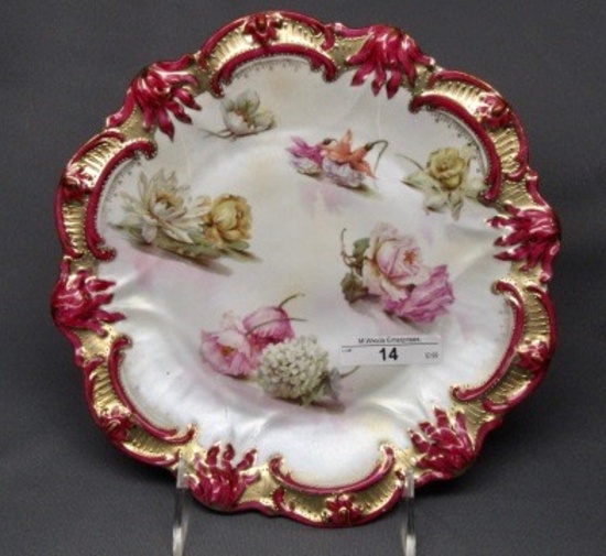 RS Prussia 9" satin finish plate w/ scattered flowers and red trim